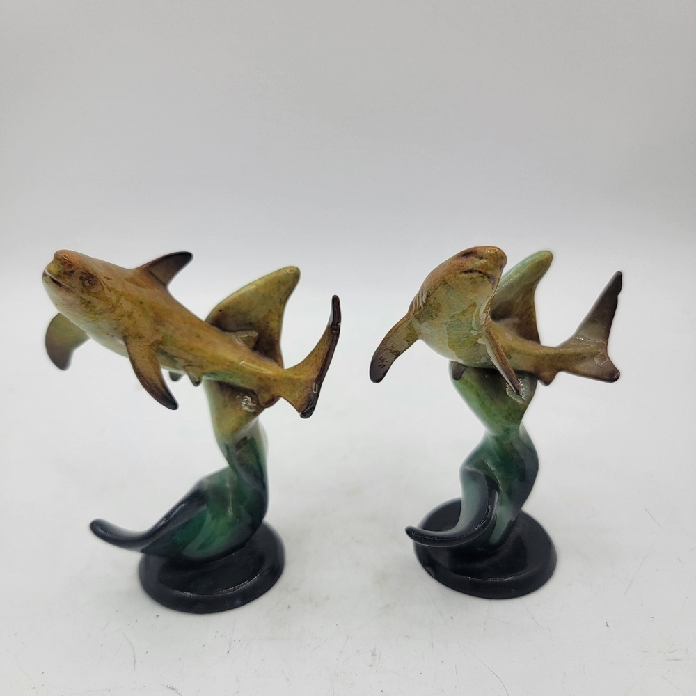 Vintage IMAGO Mill Creek Studio Signed Shark  Figurine Green Orange 4" set of 2